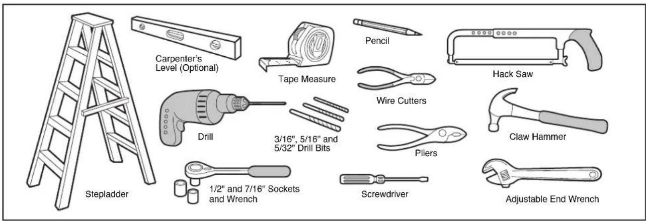 Carpenter's Level (Optional) Tape Measure Pencil Hack Saw Drill 3/16", 5/16" and 5/32" Drill Bits Pliers Claw Hammer 1/2" and 7/16" Sockets and Wrench Screwdriver Adjustable End Wrench Stepladder