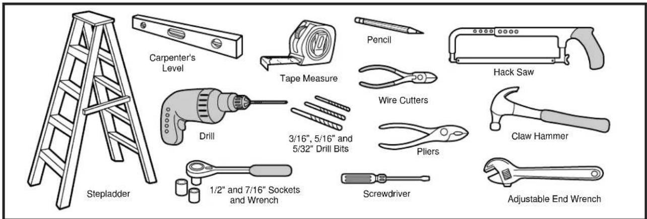Carpenter's Level Tape Measure Pencil Hack Saw Drill 3/16", 5/16" and 5/32" Drill Bits Pliers Claw Hammer 1/2" and 7/16" Sockets and Wrench Screwdriver Adjustable End Wrench Stepladder