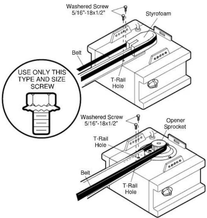 Washeder Screw 5/16"-18x1/2" Styrofoam Belt T-Rail Hole Use ONLY THIS TYPE AND SIZE SCREW Washeder Screw 5/16"-18x1/2" T-Rail Hole Opener Sprocket Belt T-Rail Hole