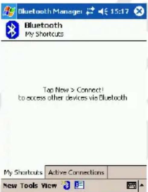 Bluetooth Manager 15:17 Bluetooth My Shortcuts Top New > Connect! to access other devices via Bluetooth My Shortcuts Active Connections New Tools View