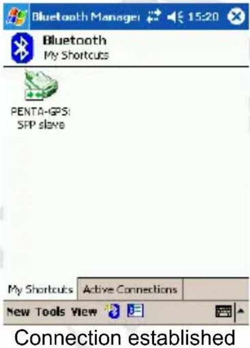 Bluetooth Manager 15:20 Bluetooth My Shortcuts PENTA-GPS: SFP slave My Shortcuts Active Connections New Tools View Connection established