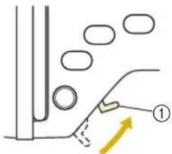 Diagram showing a mechanical or structural component with labeled parts and an arrow indicating direction, possibly illustrating a motion or force.