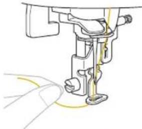BABY LOCK Ellure BLR - Pass the thread through the embroidery foot hole, and hold it lightly in your left hand. Give the thread a little slack. - 1