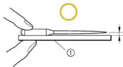 Diagram showing a hand holding a tool with a magnified view of a circular object, labeled with number ①