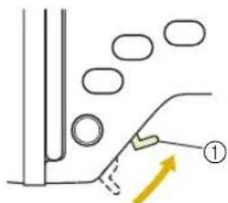 Diagram showing a mechanical or structural component with labeled parts and an arrow indicating direction, possibly illustrating a motion or force.