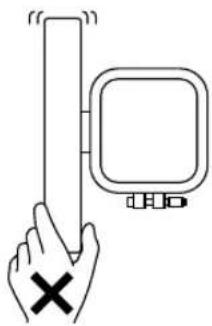 Diagram showing a hand holding a rectangular object with a cross mark and a square device, indicating a warning or inspection.
