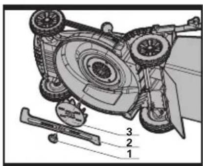 Technical diagram of a lawn mower with numbered parts labeled 1, 2, and 3