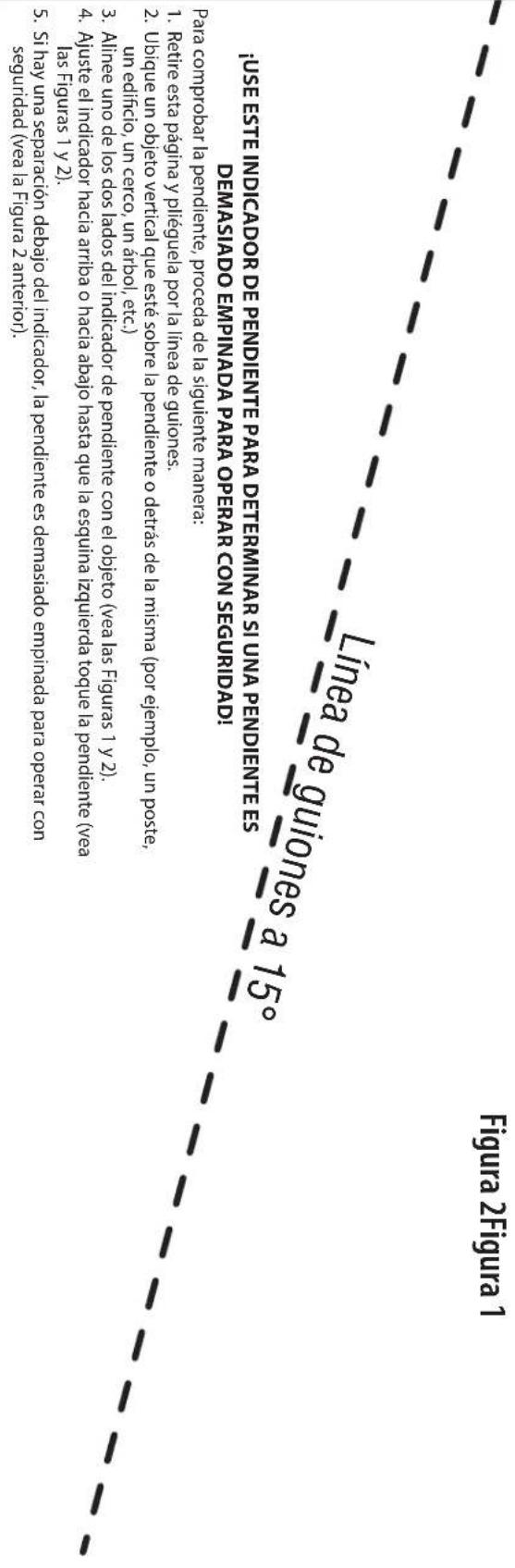 Linea de Guiones a 15° Fingura 2 Fingura 1 i Use Este Indicador De Pendidente PARA Determinar Si UNA Pendidente ES DEMAISADO EMPINADA PARA OPERAR CON SEGUIRIDAI Para comparar la pendiente, proceda de la siguiente manera: 1. Reite este pagina y plieguela por la línea de guiones. 2. Ubige un objeto vertical que este sobre la pendiente o detras de la misma (por ejemplo, un poste, 3. Alinee uno de los dos lados del indicador de pendiente con el objeto (vea las Figuras 1 y 2). 4. Afuste el indicador hacia arriba o hacia abajo hasta que la esquina izguierda tongue la pendiente (vea las Figuras 1 y 2). 5. Si hay una separación debajo del indicador, la pendiente es demasiado empirnada para operar con seguridad (vea la figura 2 anteroy). Para comparar la pendiente, proceda de la siguiente manera: 1. Reite este pagina y plieguela por la línea de guiones. 2. Ubige un objeto vertical que este sobre la pendiente o detras de la misma (por ejemplo, un poste, 3. Alinee uno de los dos lados del indicador de pendiente con el objeto (vea las Figuras 1 y 2). 4. Afuste el indicador hacia arriba haca abajo hasta que la esquina izguierda tongue la pendiente (vea