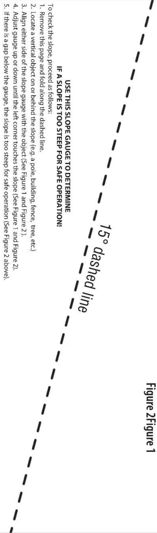 USE THIS SLOPE GAUGE TO DETERMINE IF A SLOPE IS TOO STEER FOR SAFE OPERATION! TO CHECK THE SLOPE, PROCEED AS FOLLOWS: 1. Remove this page and fold along the dashed line. 2. Align either side of the slope gauge with the object (e.g. a pole, building, fence, tree, etc.) 3. Align either side of the slope gauge with the object (see Figure 1 and Figure 2). 4. Adjust gauge up or down until the left corner touches the slope (see Figure 1 and Figure 2). 5. If there is a gap below the gauge, the slope is too steep for safe operation (see Figure 2 above). 75° dashed line Figure 2Figure 1