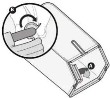 Diagram illustrating a mechanical device with labeled parts A and B, showing a tool interacting with a component.