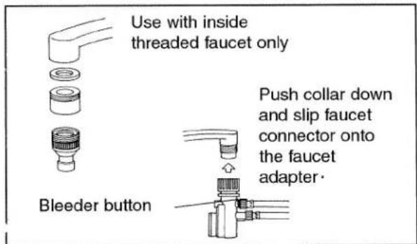 Use with inside threaded faucet only Push collar down and slip faucet connector onto the faucet adapter. Bleeder button
