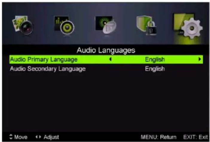 Audio Languages Audio Primary Language ← English → Audio Secondary Language ← English Move ▶ Adjust MENU: Return EXIT: Exit