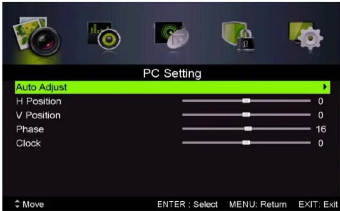 PC Setting Auto Adjust H Position 0 V Position 0 Phase 16 Clock 0 Move ENTER: Select MENU: Return EXIT: Exit
