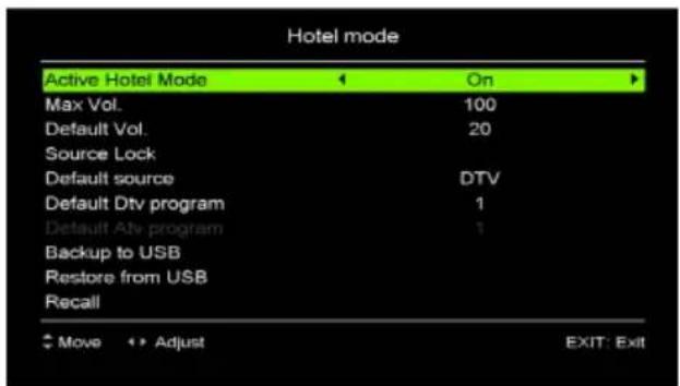 Hotel mode Active Hotel Mode On Max Vol. 100 Default Vol. 20 Source Lock Default source DTV Default Dtv program 1 Default Atv program 1 Backup to USB Restore from USB Recall Move Adjust EXIT: Exit