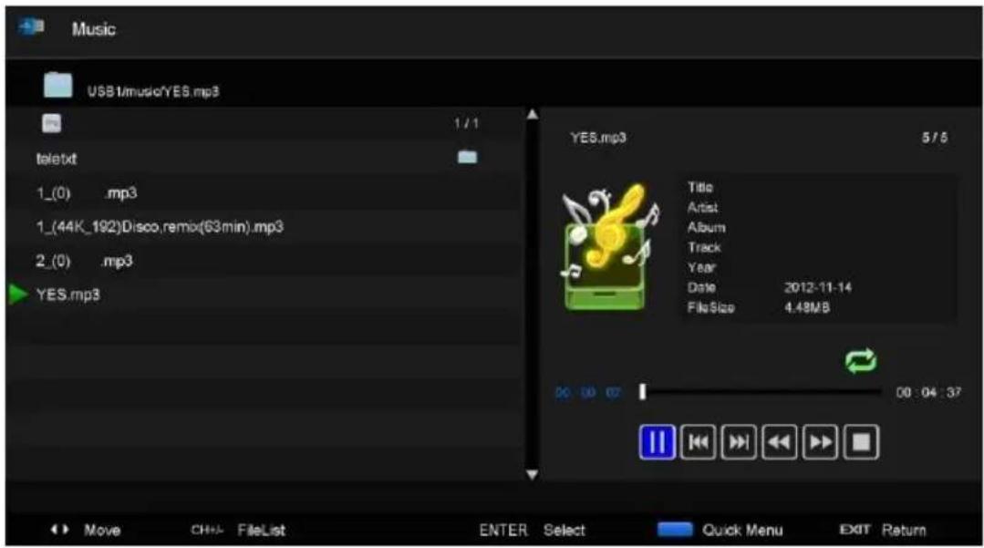 Music USB1/music/YES.mp3 1 / 1 teletxt 1_(0) .mp3 1_(44K_192)Disco.remix(63min).mp3 2_(0) .mp3 YES.mp3 YES.mp3 5 / 5 Title Artist Album Track Year Date 2012-11-14 FileSize 4.48MB 00:00:00 00:04:37 Move CH++ FileList ENTER Select Quick Menu EXIT Return