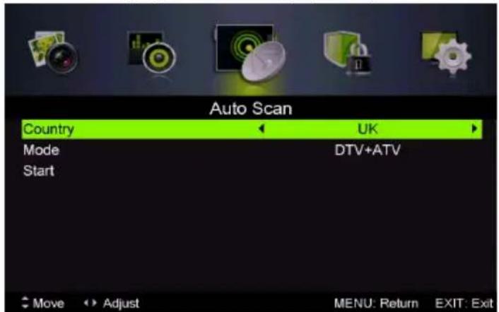 Auto Scan Country UK Mode DTV+ATV Start Move Adjust MENU: Return EXIT: Exit