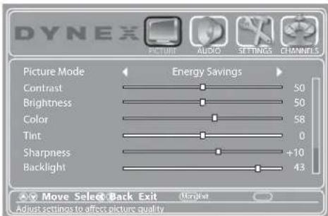 DYNEX Picture Mode Energy Savings Contrast 50 Brightness 50 Color 58 Tint 0 Sharpness +10 Backlight 43 Move Select Back Exit Adjust settings to affect picture quality
