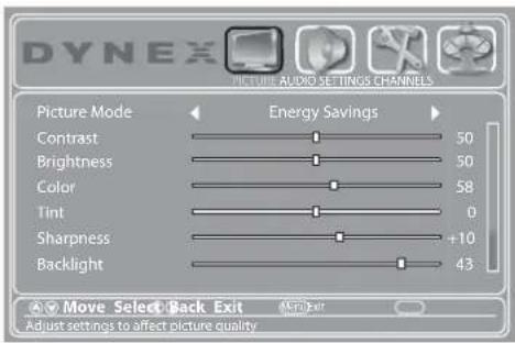 DYNEX PICTURE AUDIO SETTINGS CHANNELS Picture Mode Energy Savings Contrast 50 Brightness 50 Color 58 Tint 0 Sharpness +10 Backlight 43 Move Select Back Exit Adjust settings to affect picture quality