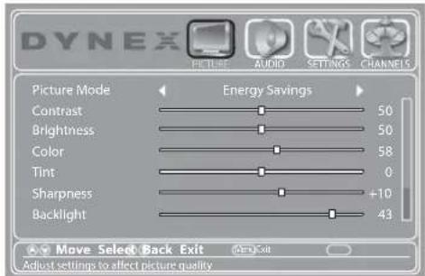 DYNEX Picture Mode Energy Savings Contrast 50 Brightness 50 Color 58 Tint 0 Sharpness +10 Backlight 43 Move Select Back Exit Adjust settings to affect picture quality