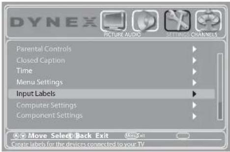 DYNEX PICTURE AUDIO SUPPORTS CHANNELS Parental Controls Closed Caption Time Menu Settings Input Labels Computer Settings Component Settings Move Select Back Exit MemExt Create labels for the devices connected to your TV