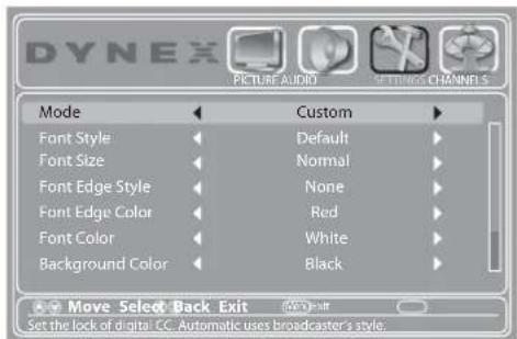 DYNEX PIKTURE AUDIO PITINGS CHANNELS Mode Custom Font Style Default Font Size Normal Font Edge Style None Font Edge Color Red Font Color White Background Color Black Move Select Back Exit Set the lock of digital CC. Automatic uses broadcaster's style.