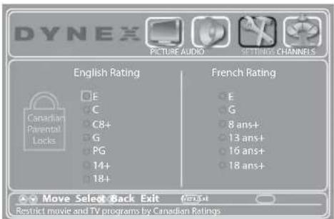 DYNEX PICTURE AUDIO SETTING CHANNELS English Rating E C C8+ G PG 14+ 18+ French Rating E G 8 ans+ 13 ans+ 16 ans+ 18 ans+ Move Select-Back Exit Restrict movie and TV programs by Canadian Ratings