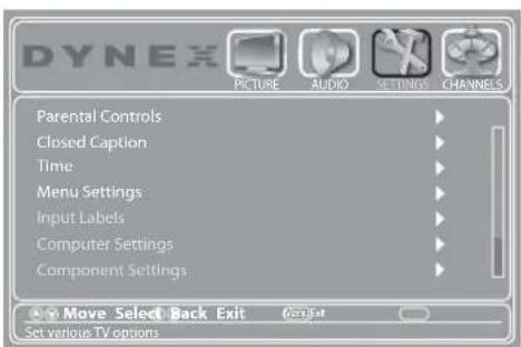 DYNEX PICTURE AUDIO SETTINGS CHANNELS Parental Controls Closed Caption Time Menu Settings Input Labels Computer Settings Component Settings Move Select Back Exit Set various TV options