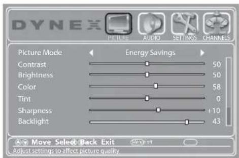 DYNEX Picture Mode Energy Savings Contrast 50 Brightness 50 Color 58 Tint 0 Sharpness +10 Backlight 43 Move Select Back Exit Adjust settings to affect picture quality