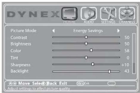 DYNEX Picture Mode Energy Savings Contrast 50 Brightness 50 Color 58 Tint 0 Sharpness +10 Backlight 43 Move Select Back Exit Edit Exit Adjust settings to affect picture quality