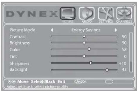 DYNEX Picture Mode Energy Savings Contrast 50 Brightness 50 Color 58 Tint 0 Sharpness +10 Backlight 43 Move Select Back Exit MgEst Adjust settings to affect picture quality