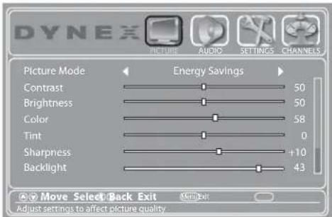DYNEX Picture Mode Energy Savings Contrast 50 Brightness 50 Color 58 Tint 0 Sharpness +10 Backlight 43 Move Select Back Exit Adjust settings to affect picture quality