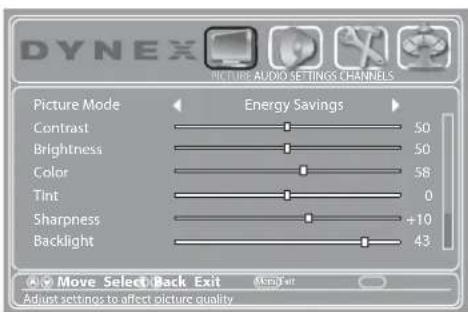 DYNEX PICTURE AUDIO SETTINGS CHANNELS Picture Mode Energy Savings Contrast 50 Brightness 50 Color 58 Tint 0 Sharpness +10 Backlight 43 Move Select Back Exit Modify Adjust settings to affect picture quality