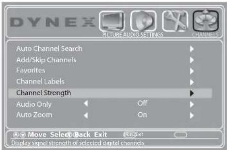 DYNEX PICTURE AUDIO SETTINGS CHANNELS Auto Channel Search Add/Skip Channels Favorites Channel Labels Channel Strength Audio Only Off Auto Zoom On Move Select Back Exit Showset Display signal strength of selected digital channels