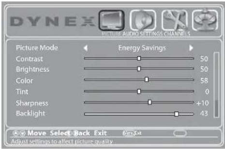 DYNEX PIPLINE AUDIO SETTINGS CHANNELS Picture Mode Energy Savings Contrast 50 Brightness 50 Color 58 Tint 0 Sharpness +10 Backlight 43 Move Select Back Exit Adjust settings to affect picture quality