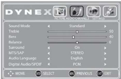 DYNEX PICTURE AUDIO CHANNELS SETTINGS Sound Mode Standard Treble 50 Bass 40 Balance 0 Surround On MTS/SAP STEREO Audio Language English Digital Audio/SPDIF PCM MOVE SHIFT SELECT VEN PREVIOUS EXIT EXIT