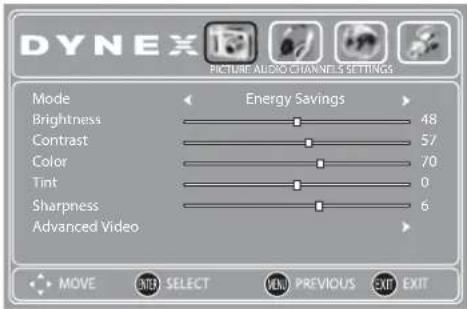 DYNEX PICTURE AUDIO CHANNELS SETTINGS Mode Brightness Contrast Color Tint Sharpness Advanced Video Energy Savings 48 57 70 0 6 MOVE NEW SELECT NEW PREVIOUS EXIT EXIT