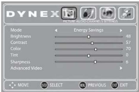 DYNEX PICTURE AUDIO CHANNEL'S SETTINGS Mode Brightness Contrast Color Tint Sharpness Advanced Video Energy Savings 48 57 70 0 6 MOVE ENTER SELECT OPEN PREVIOUS EXIT EXIT