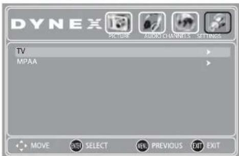 DYNEX PICKBRE AUDIO CHANNELS SETTINGS TV MPAA MOVE ENTER SELECT VAN PREVIOUS EXIT EXIT