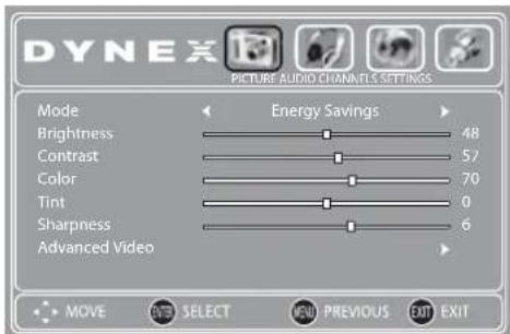 DYNEX PIKTURE AUDIO CHANNELS SETTINGS Mode Brightness Contrast Color Tint Sharpness Advanced Video Energy Savings 48 57 70 0 6 MOVE INSERT SELECT NEW PREVIOUS EXIT EXIT