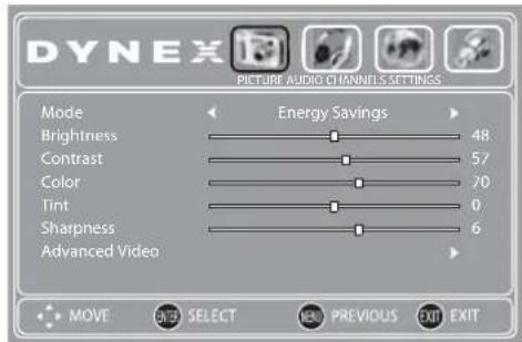 DYNEX PICTURE AUDIO CHANNELS SETTINGS Mode Energy Savings Brightness 48 Contrast 57 Color 70 Tint 0 Sharpness 6 Advanced Video MOVE SELECT NEW PREVIOUS EXIT EXIT
