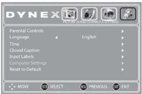 DYNEX PICTURE AUDIO ESTIMATES SETTINGS Parental Controls Language Time Closed Caption Input Labels Computer Settings Reset to Default English MOVE SELECT NEW PREVIOUS EXIT EXIT