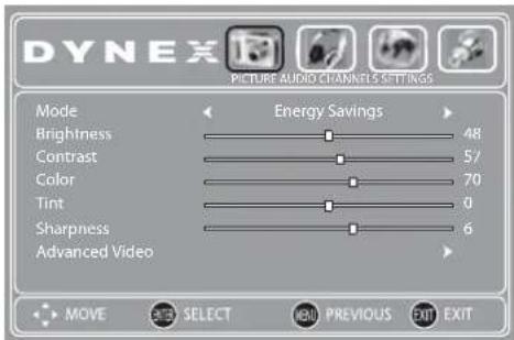DYNEX PICTURE AUDIO CHANNELS SETTINGS Mode Brightness Contrast Color Tint Sharpness Advanced Video Energy Savings 48 57 70 0 6 MOVE 3B SELECT INFO PREVIOUS EXIT EXIT
