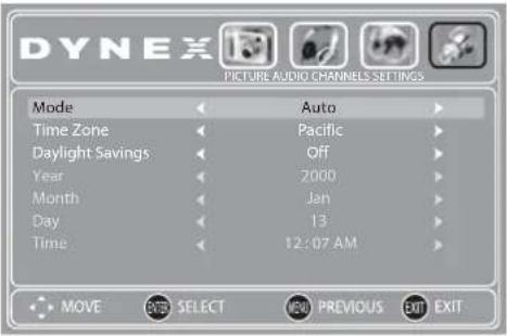DYNEX PICTURE AUDIO CHANNELS SETTINGS Mode Auto Time Zone Pacific Daylight Savings Off Year 2000 Month Jan Day 13 Time 12:07 AM MOVE EXIT SELECT NEW PREVIOUS EXIT EXIT