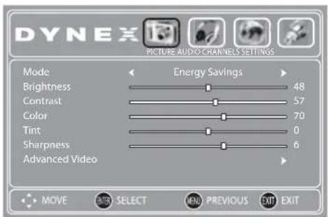 DYNEX PICTURE AUDIO CHANNELS SETTINGS Mode Brightness 48 Contrast 57 Color 70 Tint 0 Sharpness 6 Advanced Video Energy Savings MOVE BACK SELECT MENU PREVIOUS EXIT EXIT