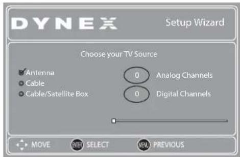 DYNEX Setup Wizard Choose your TV Source Antenna Cable Cable/Satellite Box 0 Analog Channels 0 Digital Channels MOVE RED SELECT NEW PREVIOUS