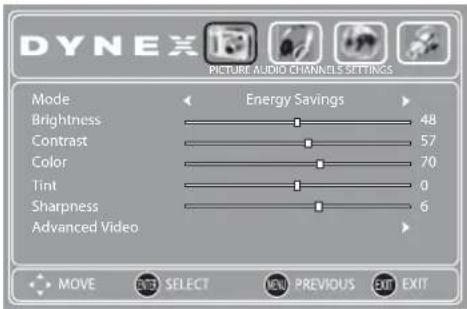 DYNEX PICTURE AUDIO CHANNELS SETTINGS Mode Energy Savings Brightness 48 Contrast 57 Color 70 Tint 0 Sharpness 6 Advanced Video MOVE ENTER SELECT MENU PREVIOUS EXIT EXIT
