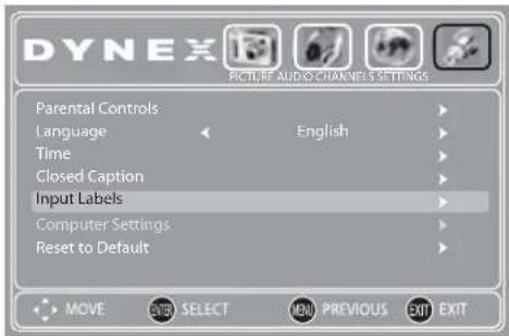 DYNEX POTTER AUDIO CHANNEL SETTINGS Parental Controls Language Time Closed Caption Input Labels Computer Settings Reset to Default MOVE STR SELECT MENU PREVIOUS EXIT EXIT