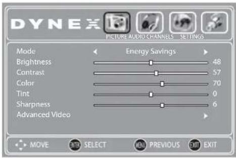 DYNEX PICTURE AUDIO CHANNELS SETTINGS Mode Energy Savings Brightness 48 Contrast 57 Color 70 Tint 0 Sharpness 6 Advanced Video MOVE SELECT MANUAL PREVIOUS EXIT EXIT