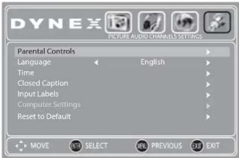 DYNEX PICTURE AUDIO CHANNELS SETTINGS Parental Controls Language English Time Closed Caption Input Labels Computer Settings Reset to Default MOVE BEST SELECT NEW PREVIOUS EXIT EXIT