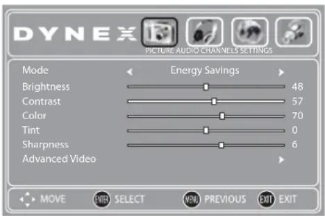 DYNEX PICTURE AUDIO CHANNELS SETTINGS Mode Energy Savings Brightness 48 Contrast 57 Color 70 Tint 0 Sharpness 6 Advanced Video MOVE ENTER SELECT HML PREVIOUS EXIT EXIT